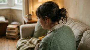 Seen from behind on a sofa, a person sings quietly to themselves in warm lamplight.
