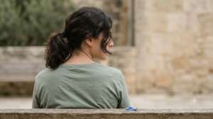 A person seen from behind on a stone bench outdoors, head turned over one shoulder and held still in flat daylight.