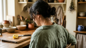 A person at a wooden counter turning their head slowly over one shoulder to lengthen the neck.