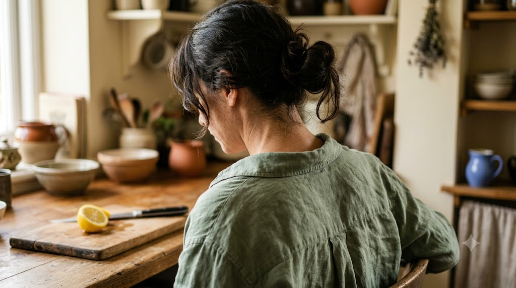 A person at a wooden counter turning their head slowly over one shoulder to lengthen the neck.