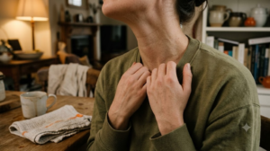 A person at a kitchen table tilting their head sideways to lengthen the side of their neck.