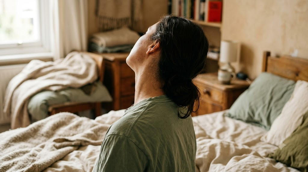 Seen from behind on rumpled bedding, a person tips their head back and to one side to lengthen their neck.
