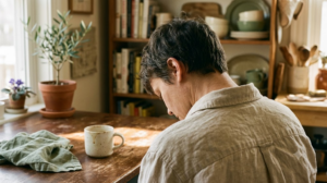 A close photograph from behind of a person tilting their head slowly to one side to stretch their neck at a sunlit kitchen table.