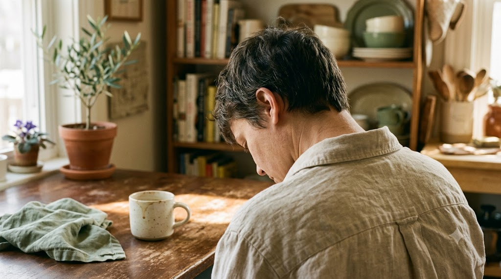 A close photograph from behind of a person tilting their head slowly to one side to stretch their neck at a sunlit kitchen table.