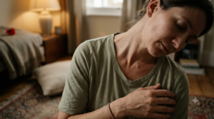 A person tilting their head to one side to stretch their neck, on a worn rug in warm lamplight.
