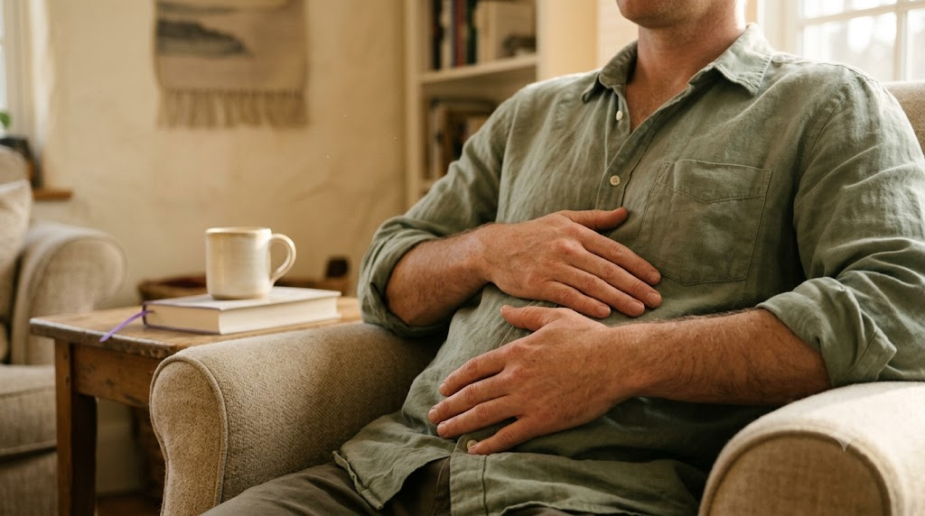 A close, warm photograph of a person breathing out slowly with both hands resting on their belly while settled into a deep armchair.