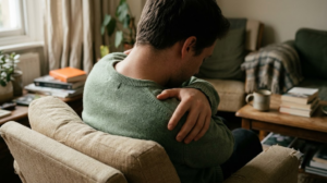 Seen from behind in a deep armchair, a person wraps both arms around themselves in a slow self-hug in soft window light.