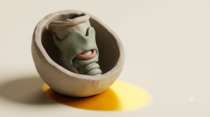 A simplified sculpted matte clay human throat, marked by one bright golden light element.