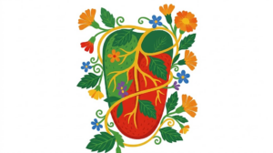 A flat vector illustration of a human tongue with folk-art vines winding around it on white.