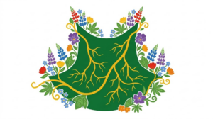 A flat folk-art vector illustration of a human throat outlined with lupins, forget me nots and broad leaves on a white background.