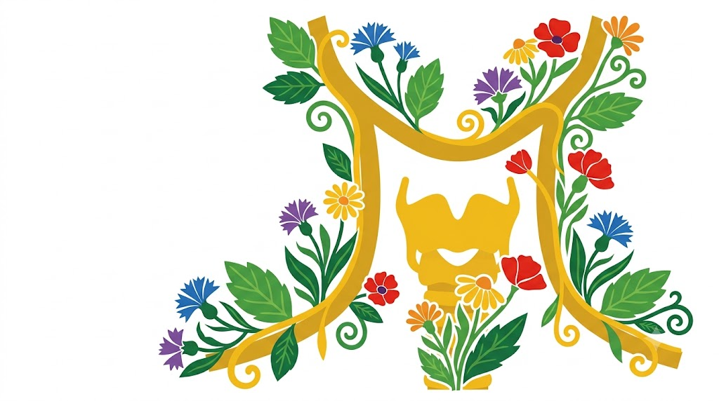 A flat vector folk-art illustration of a human throat with small clusters of stylised cornflowers and daisies along its outline on a white background.