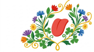 A flat folk-art vector illustration of a human tongue between mirrored sprays of cornflowers, daisies and clover.