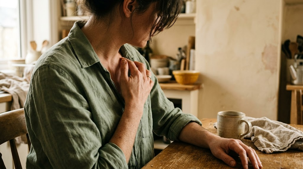 Hands and collarbone of a person tapping fingertips along their collarbone at a kitchen table.
