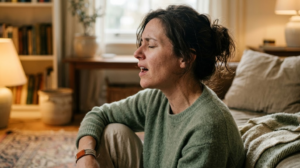 A person in profile singing a long steady note with their eyes closed on a worn rug.