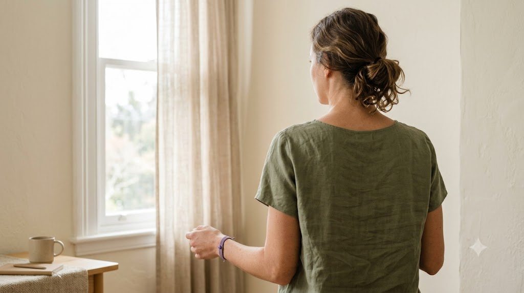 An over the shoulder view with the face turned away, a person rolling their shoulders back and letting them drop beside a bright window.