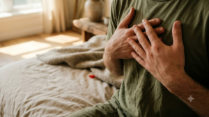 A pair of hands resting flat on a chest while humming, on a bed with rumpled linen in morning light.