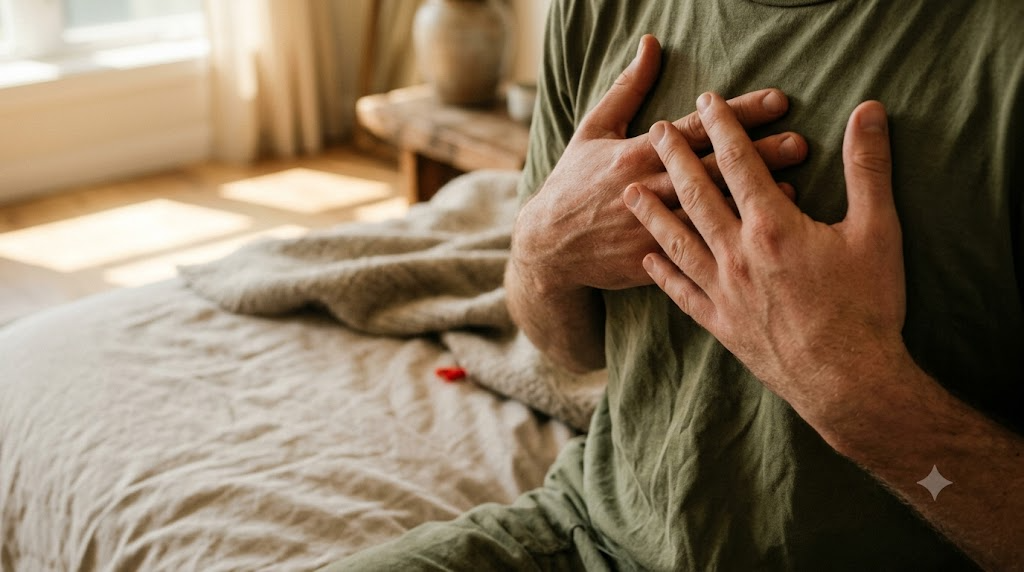 A pair of hands resting flat on a chest while humming, on a bed with rumpled linen in morning light.