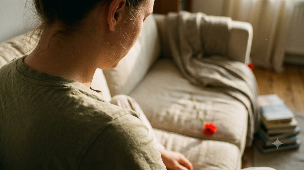 A person sitting on a sofa in warm late afternoon light, one hand resting flat on their chest as they hum, face turned away.
