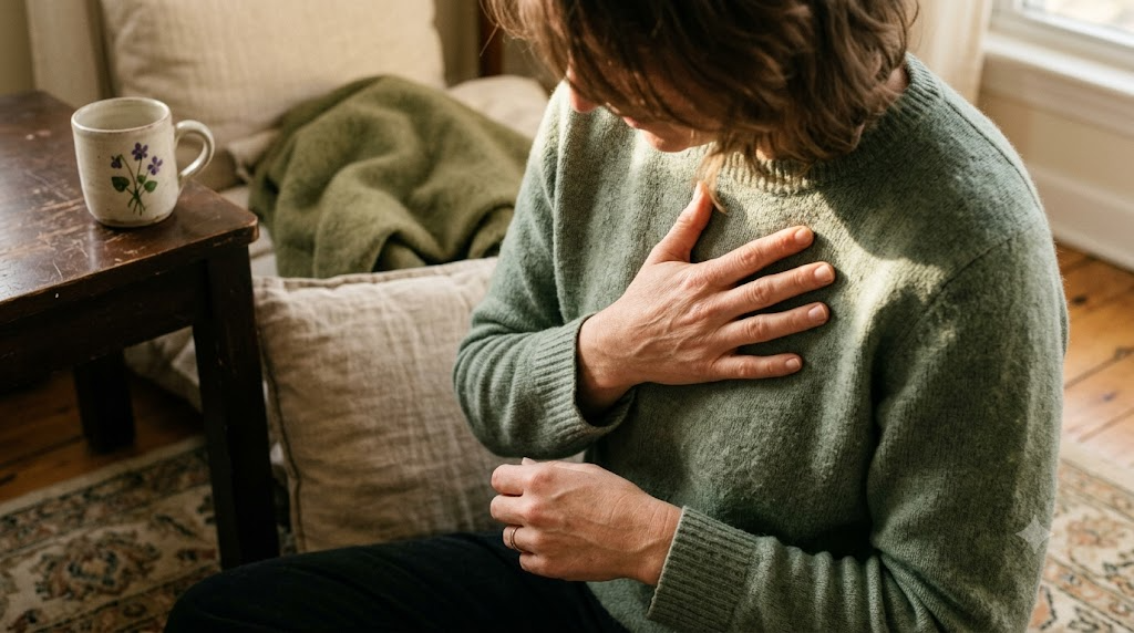 A hand resting flat on a chest while humming, on a worn rug in warm late afternoon light.