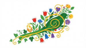 A flat vector folk-art illustration of a human vagus nerve pinched in the neck, framed by stylised flowers and leaves on white.