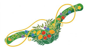 A flat folk-art vector illustration of a human collarbone filled with marigolds, blossoms and olive sprigs.