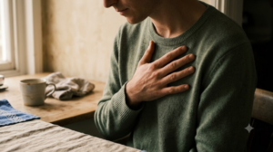 A close, warm photograph from just above of a person humming with one hand pressed flat over their breastbone at a kitchen table.