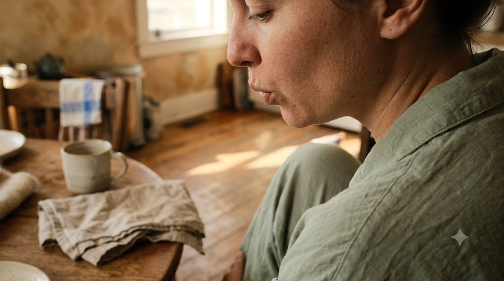 A person at a kitchen table seen over the shoulder, exhaling slowly through pursed lips in early morning sun.