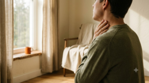 A person humming with their lips closed and one hand on their throat, photographed in soft natural light.