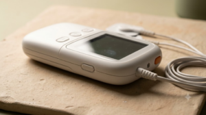 A pale TENS unit with coiled lead wires resting on an unglazed clay tile, shot from a low angle.