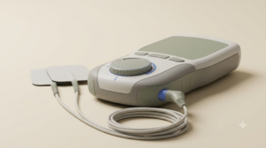 A product photograph of a compact plain handheld TENS unit with a rotary dial and two electrode pads on short leads, on a plain backdrop.