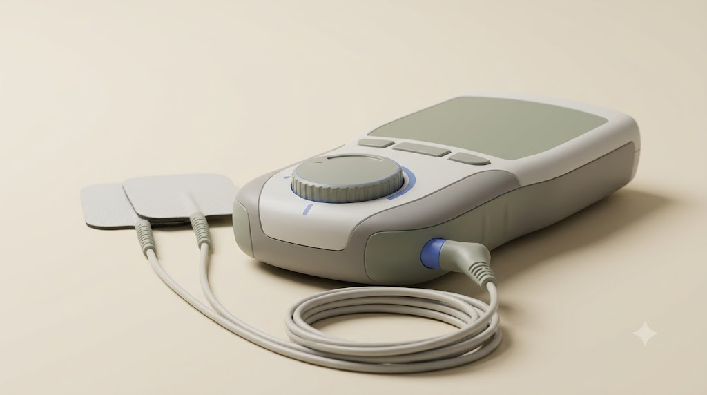 A product photograph of a compact plain handheld TENS unit with a rotary dial and two electrode pads on short leads, on a plain backdrop.