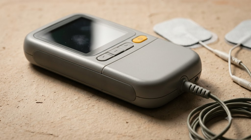 An unbranded grey TENS unit with a dark glass screen and two lead wires with pads on an unglazed clay tile.
