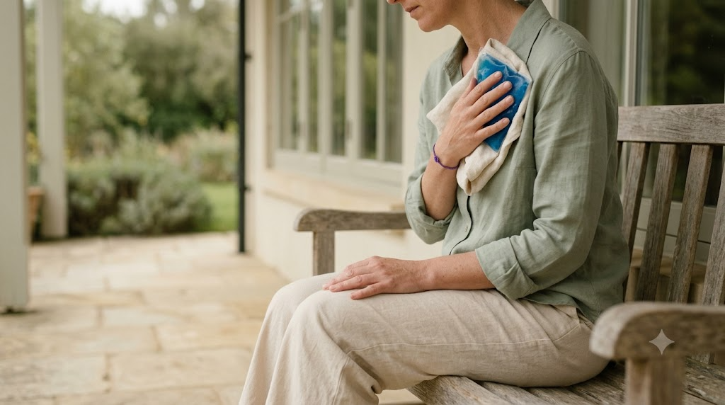 A person resting an ice pack on their upper chest in soft natural light.