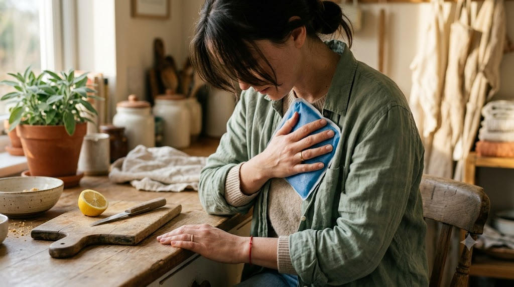 A person seated in profile at a wooden counter pressing a cold pack against their chest in low early morning sun.