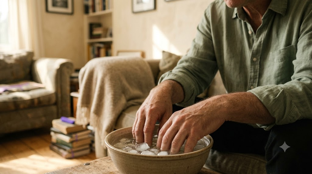 A pair of hands resting in a bowl of ice water in warm morning light in a lived-in room.
