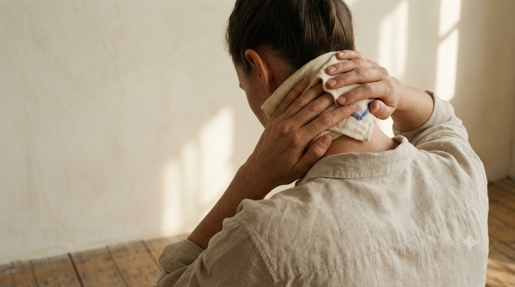 A person pressing a cold flannel against the back of their neck in soft natural light.