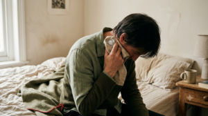A person sitting on a bed pressing a cloth-wrapped ice cube against the side of their throat.