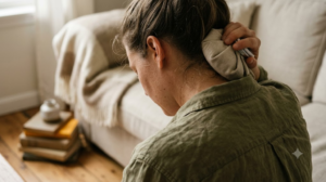 Seen from behind on a sofa, a person holds an ice pack against the side of their neck in soft window light.
