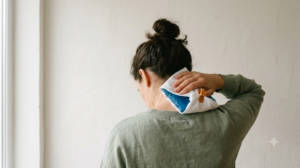 Seen from behind, a person in a sage shirt holds a cold pack against the back of their neck.