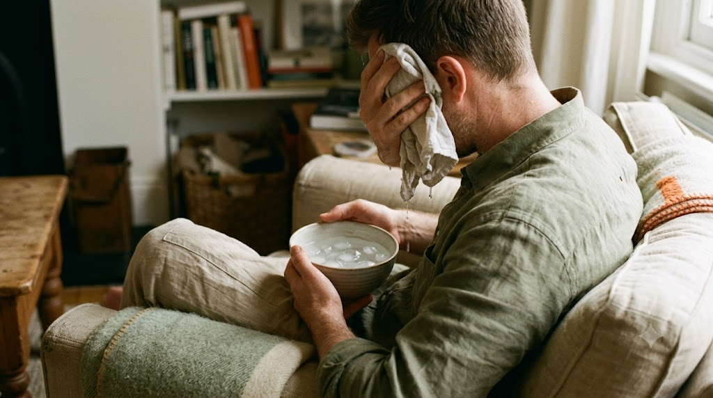 A person pressing a cloth dipped in iced water to their face beside a bowl, in a warm, lived-in room.
