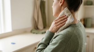 A person presses a cloth-wrapped ice pack against the side of their neck in a calm, warmly lit room.