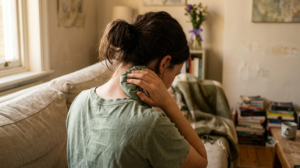 Seen from behind on a sofa, a person presses a cold pack to the back of their neck in warm late afternoon light.