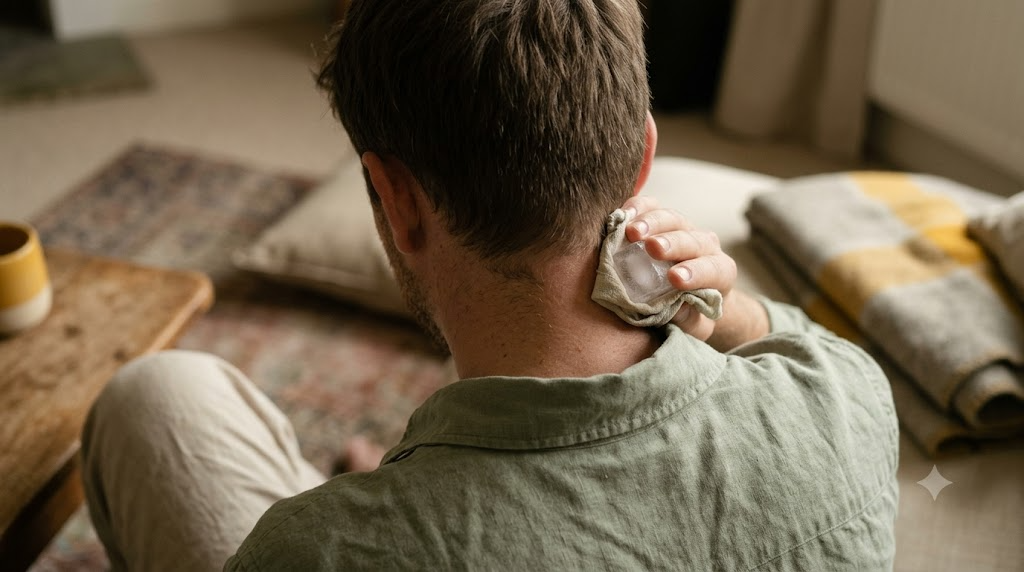 A person holding a cloth-wrapped ice cube against the back of their neck on a worn rug.