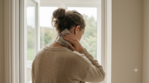 A person seen from behind in an open doorway pressing a cold pack against the side of their neck in flat daylight.