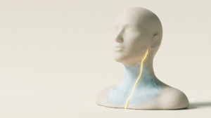Matte clay head and neck with an icy blue frosted zone over the throat and a glowing golden vagus nerve line steadying as it passes through