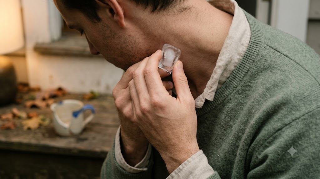 Close view from above of a hand pressing an ice cube against the side of a persons neck while sitting on a low step outdoors.