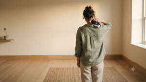 A person seen from behind in a calm room holding an ice pack against the back of their neck.