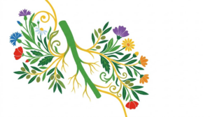 A flat folk-art vector illustration of the human vagus nerve framed by stylised flowers, leaves and curling vines on a white background.