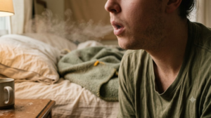 A person settling their head into a pillow on a bed with rumpled linen in warm lamplight.