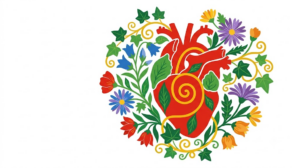 A flat folk-art vector illustration of a human heart encircled by a wreath of bellflowers, asters and ivy on a white background.